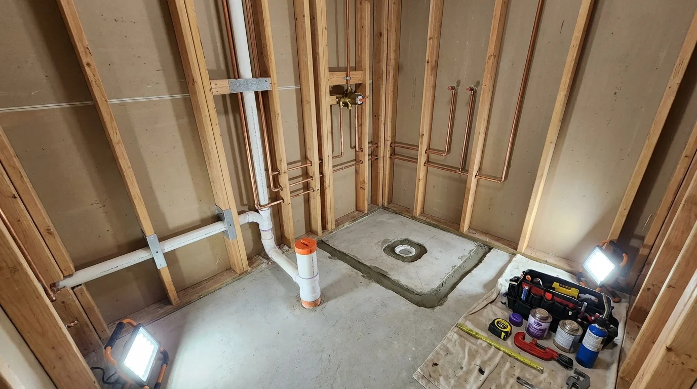 Bathroom rough-in plumbing during remodel by Johns Plumbing LLC in Lawson
