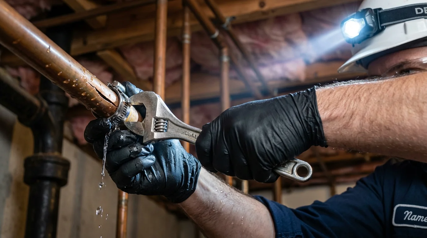 Emergency pipe clamp repair being performed by a Johns Plumbing LLC plumber in Lawson