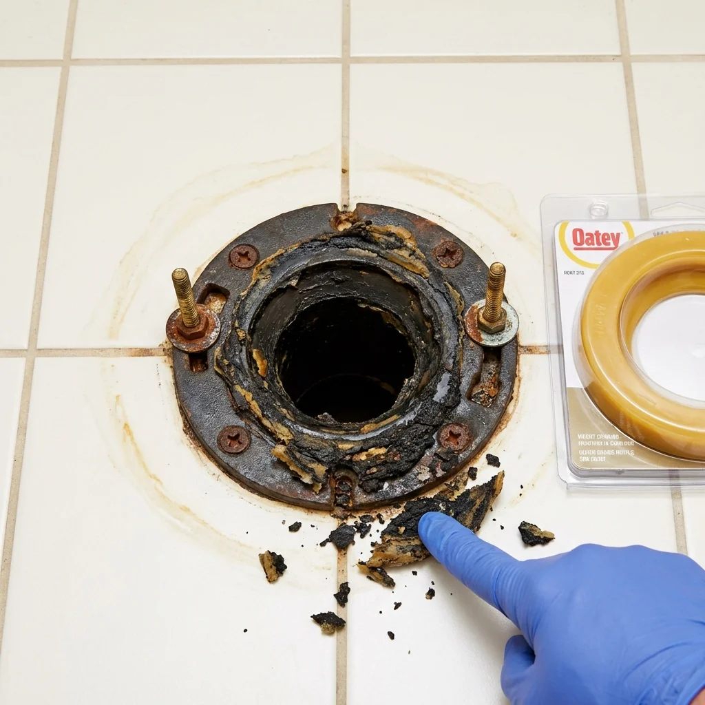 Failed wax ring showing water seepage at the base of a toilet in a Lawson, MO home
