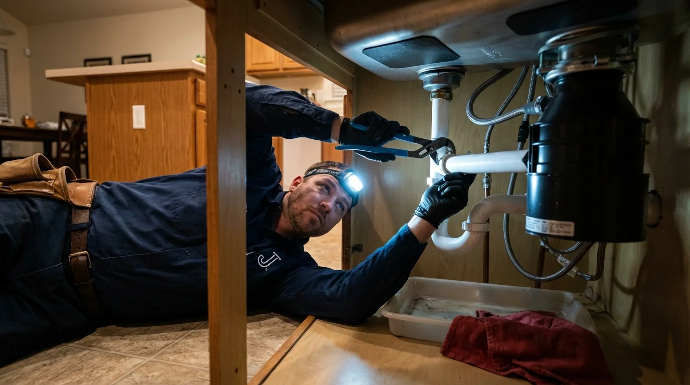 P-trap and supply line connections under a kitchen sink showing a common leak point in Lawson, MO